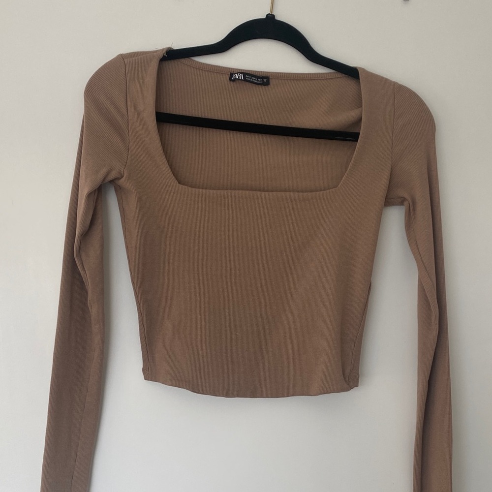 Zara Beige Long Sleeve Square Neck Top